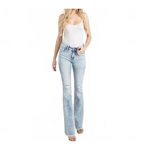 NEW PETRA153 women's distressed mid rise flare jean - petite in blue